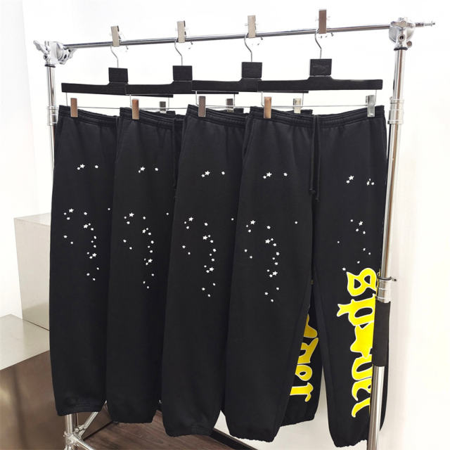 1:1 Quality Spider Yellow Star Foaming Print Hoodie Pants Black