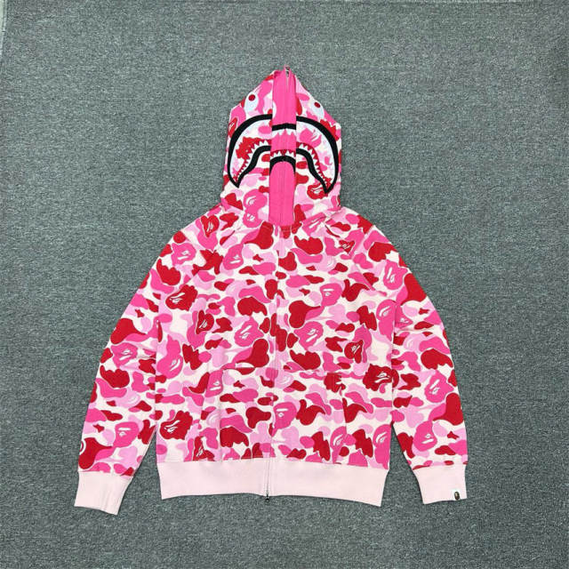 [Best Quality] 1:1 Bape Double Hood ABC Camo Shark Hoodie Pink
