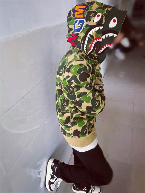 [Best Quality] 1:1 Bape Double Hood ABC Camo Shark Hoodie Green