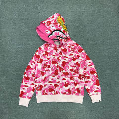 [Best Quality] 1:1 Bape Double Hood ABC Camo Shark Hoodie Pink