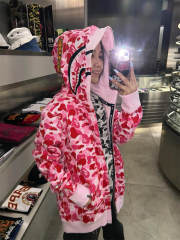 [Best Quality] 1:1 Bape Double Hood ABC Camo Shark Hoodie Pink