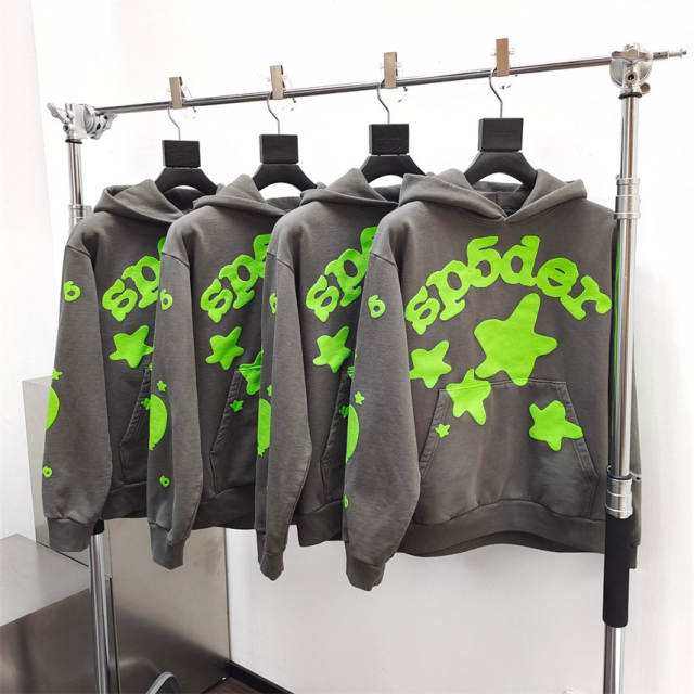 1:1 Quality Spider Worldwide Green Star Hoodie Gray