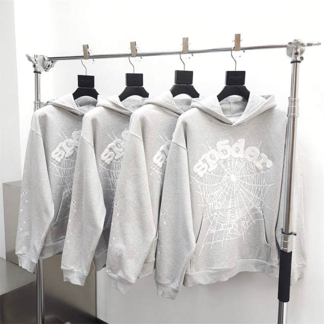 1:1 Quality Spider Worldwide Web Print Hoodie Pants Tracksuit Gray
