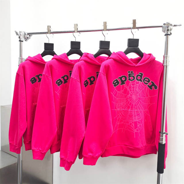 1:1 Quality Spider Rheinstone Fonts Hoodie & Pants Set Pink