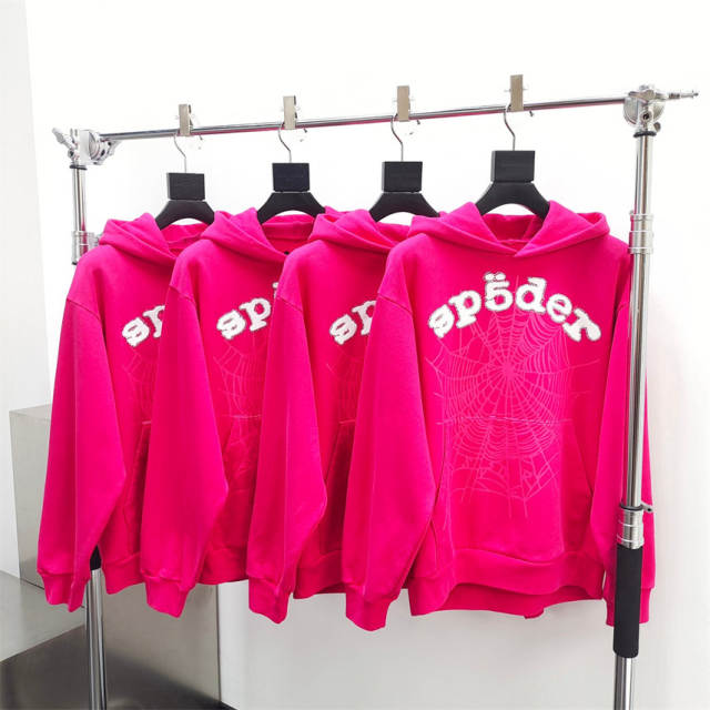 1:1 Quality Spider Rheinstone Fonts Hoodie & Pants Set Pink
