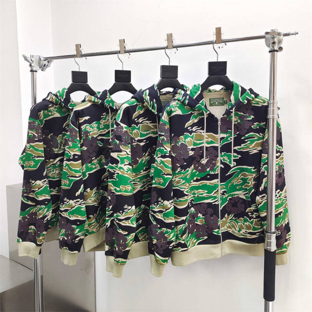 1:1 Quality DENIM TEARS Camouflage Print Zip Hoodie Green
