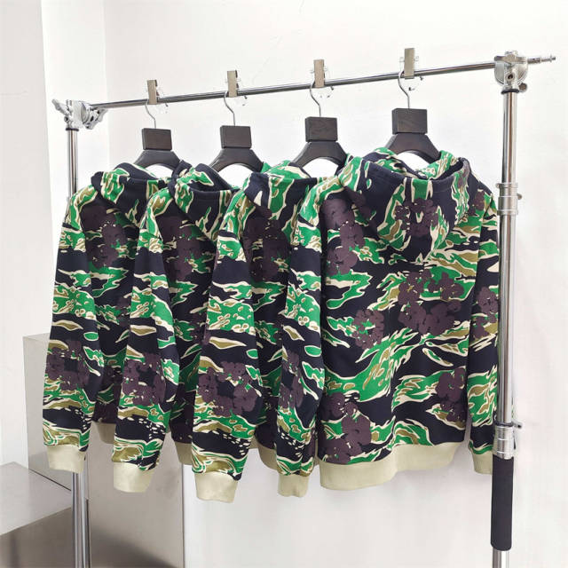 1:1 Quality DENIM TEARS Camouflage Print Zip Hoodie Green