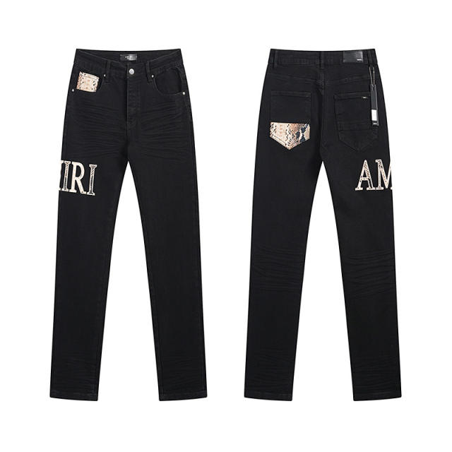 Amir* Snake Skin Patch Jeans Pants Black