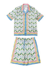 1:1 Quality Casa Silk Pink Pop-up Floral Raglan Stripe Polo shirt & shorts set