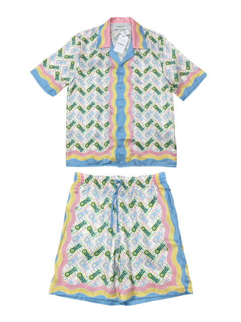 1:1 Quality Casa Silk Pink Pop-up Floral Raglan Stripe Polo shirt & shorts set