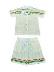 1:1 Quality Casa Colourblocking Striped Lapel Loose Knit Polo Shirt & Shorts Set