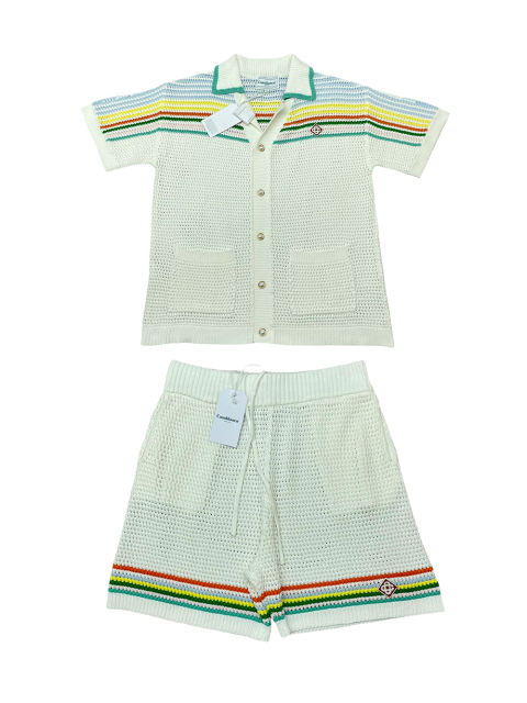 1:1 Quality Casa Colourblocking Striped Lapel Loose Knit Polo Shirt & Shorts Set