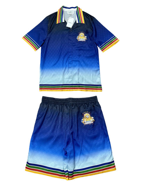 1:1 Quality Casa Silk Gradient Blue Arch Angel Print Dark shirt & shorts set