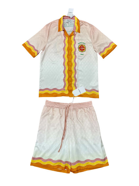 1:1 Quality Casa Silk Wave Print Back Large Logo Letter Print shirt & shorts set
