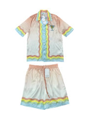 1:1 Quality Casa Silk Draped Orange Portrait Print Gradient Floral  shirt & shorts set