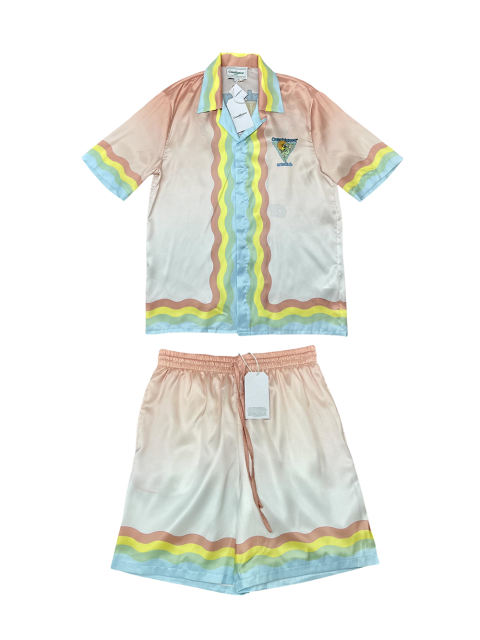 1:1 Quality Casa Silk Draped Orange Portrait Print Gradient Floral  shirt & shorts set
