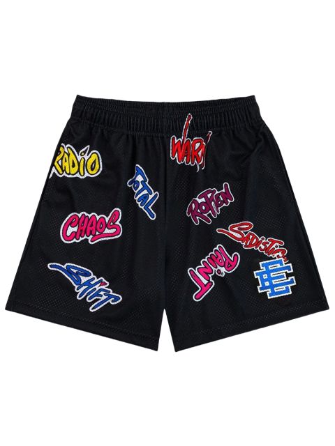 EE Eric Graffiti Letter Print Mesh Shorts