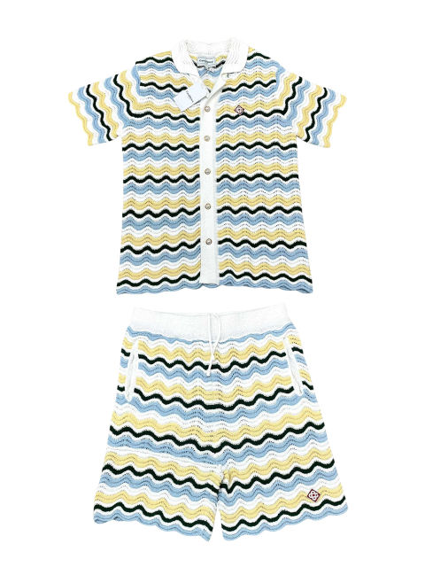 1:1 Quality Casa Wave Stripe Colour Block Letter Logo Knit Polo Shirt & Shorts Set