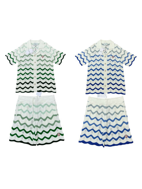 1:1 Quality Casa Gradient wave meta pearl button knit polo Shirt & Shorts Set 2 colors