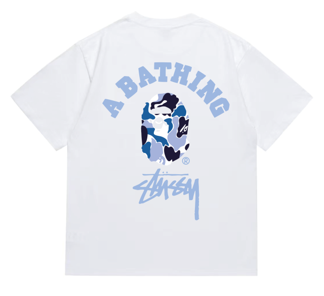 Bape STU Co-Branded White Blue Black Reorganized Ape Small Head Letter Print Tee 5 colors
