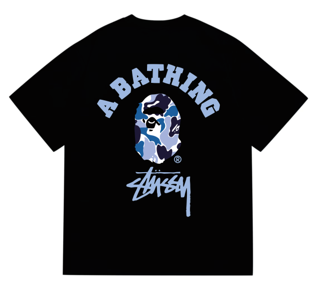 Bape STU Co-Branded White Blue Black Reorganized Ape Small Head Letter Print Tee 5 colors