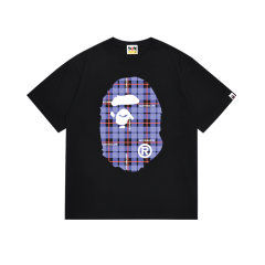 Bape Double-sided black blue red large plaid letter printing Tee 2 colors