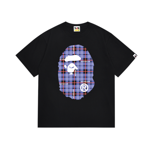 Bape Double-sided black blue red large plaid letter printing Tee 2 colors