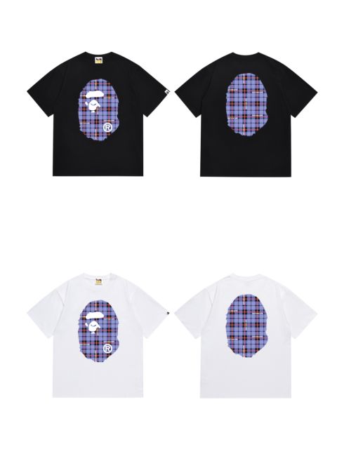 Bape Double-sided black blue red large plaid letter printing Tee 2 colors