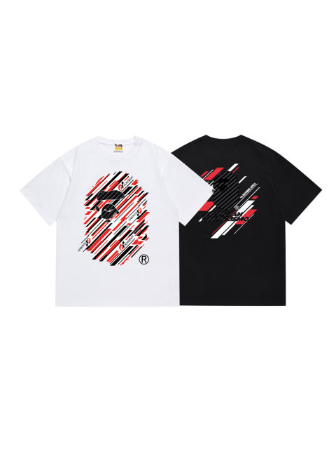 Bape Colorful Lines Big Ape Head Back Small Head Letter Print Tee 2 colors