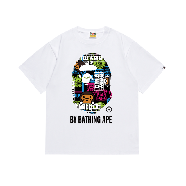 Bape Colorful Cartoon Pattern Monkey Ape Head Letter Printed Tee 2 colors