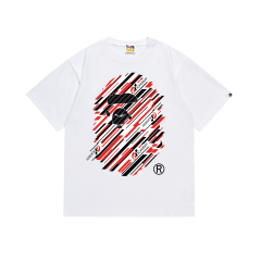 Bape Colorful Lines Big Ape Head Back Small Head Letter Print Tee 2 colors