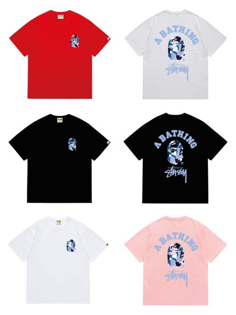 Bape STU Co-Branded White Blue Black Reorganized Ape Small Head Letter Print Tee 5 colors