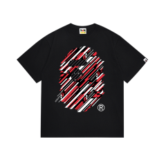 Bape Colorful Lines Big Ape Head Back Small Head Letter Print Tee 2 colors