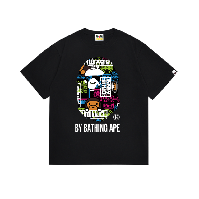 Bape Colorful Cartoon Pattern Monkey Ape Head Letter Printed Tee 2 colors