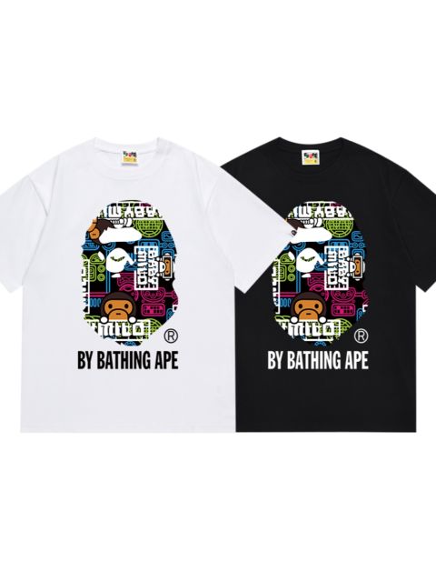 Bape Colorful Cartoon Pattern Monkey Ape Head Letter Printed Tee 2 colors