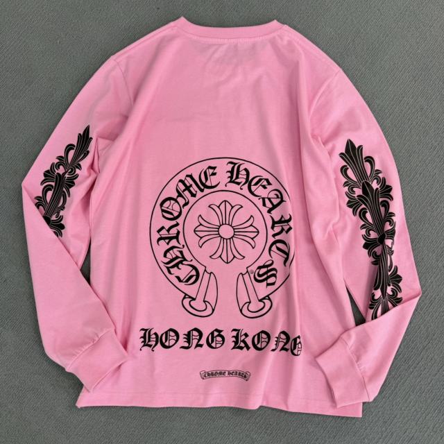1:1 quality CH Pink Big Horseshoe Sanskrit Letter Sleeve Arm Cross Long Sleeve T-shirt