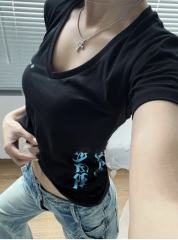 1:1 quality CH Blue Letter Print V-Neck Tee for girls