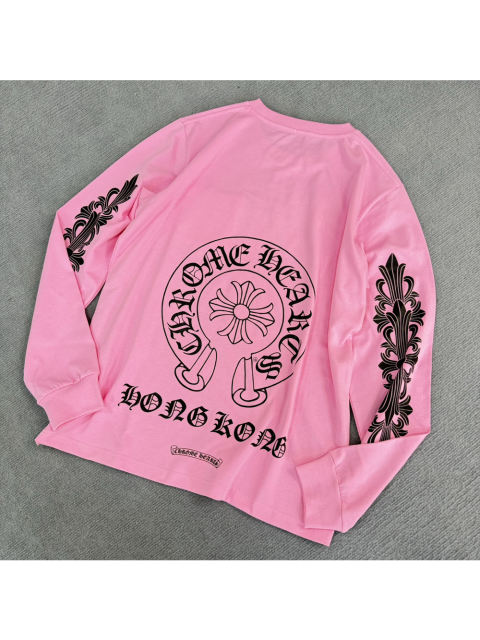 1:1 quality CH Pink Big Horseshoe Sanskrit Letter Sleeve Arm Cross Long Sleeve T-shirt