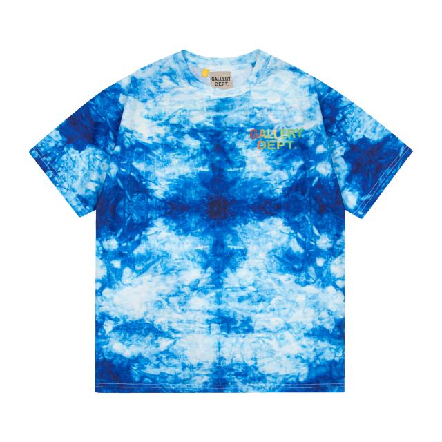 Retro deep blue tie-dyed rainbow letter washed printed tee