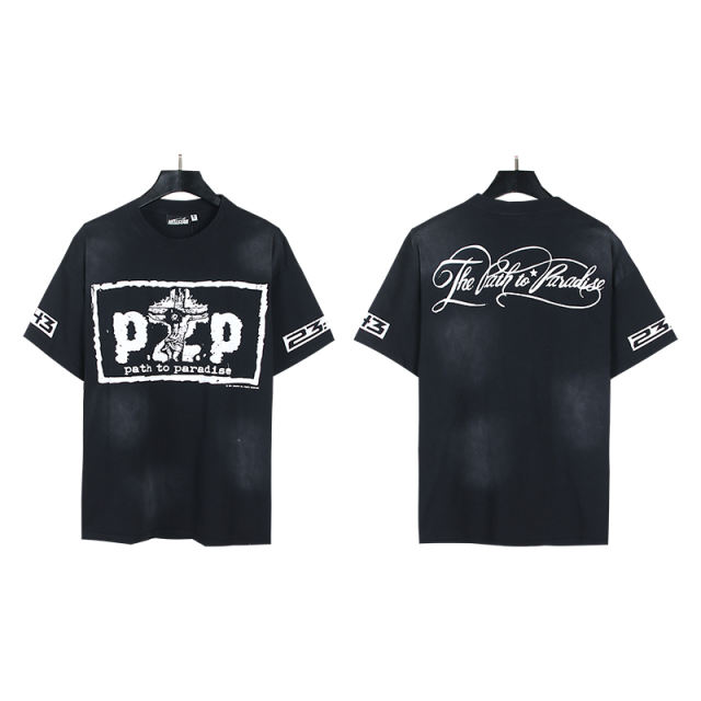P2P Back Floral Letter Washed Aged Tee