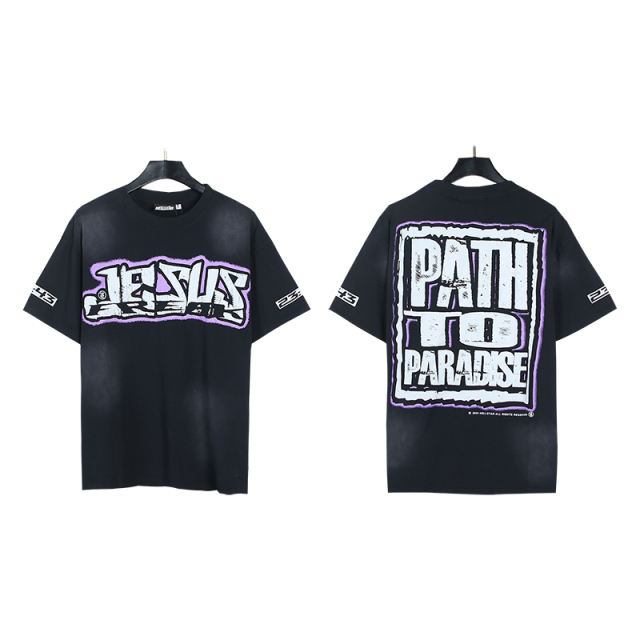 Purple Border Letter Print Washed Version Tee