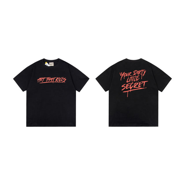 Retro red text splashing ink washed printed tee