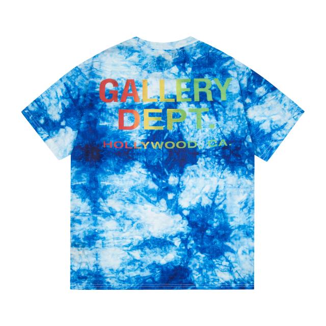 Retro deep blue tie-dyed rainbow letter washed printed tee