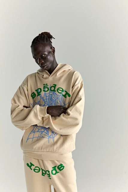 1:1 quality Green Letter Blue Spiderweb Print Hoodie & Pants Set