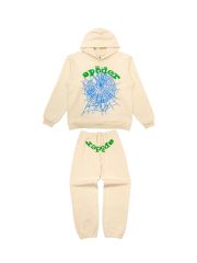 1:1 quality Green Letter Blue Spiderweb Print Hoodie & Pants Set