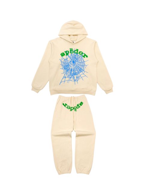 1:1 quality Green Letter Blue Spiderweb Print Hoodie & Pants Set
