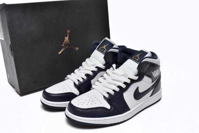 Air Jordαn 1's Mid White Metallic Gold Obsidian - 554724-174