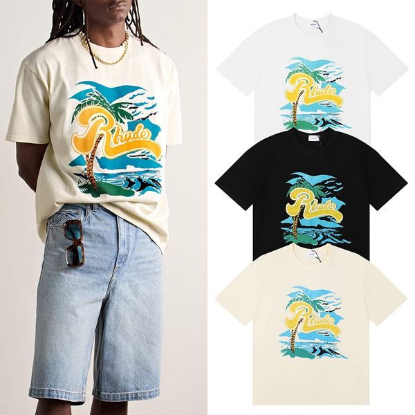 Rhude Coconut Tree Beach Print T-Shirts (Black Beige White)