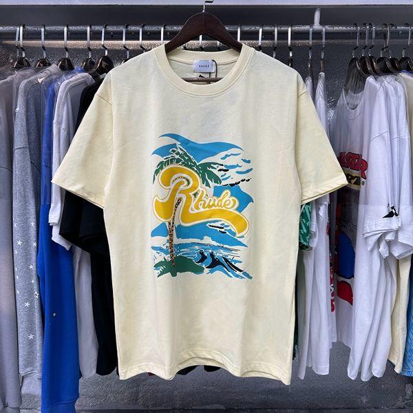 Rhude Coconut Tree Beach Print T-Shirts (Black Beige White)