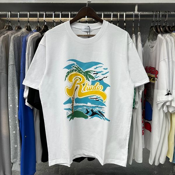 Rhude Coconut Tree Beach Print T-Shirts (Black Beige White)